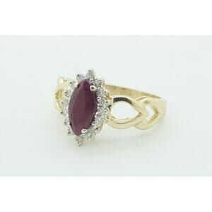 Estate 10k Yellow Gold 1.15ct Marquise Ruby Diamond Halo Engagement Ring Size 6